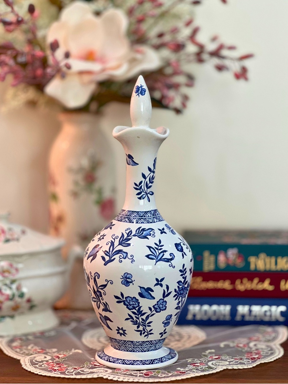 Blue and White Floral Ceramic Vase with Stopper